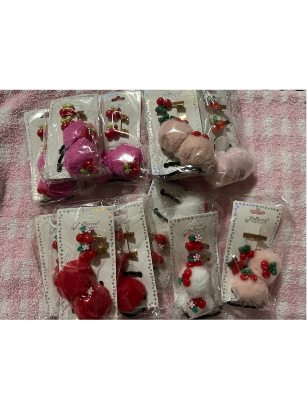 12 Pc Cherry Hair Accessory Bundle | Pom Pom Hair Ties & Matching Clips Kawaii C - Picture 6 of 9
